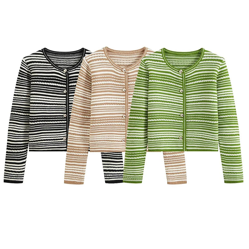 Three O-neck striped knit cardigans in black/white, tan/white, and green/white with button front