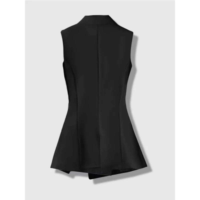 Black sleeveless blazer vest, smooth back and flared layered hem