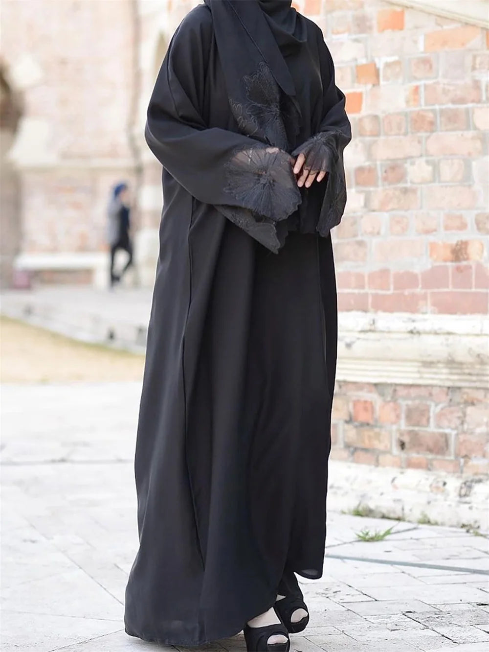 Floral Lace Modest Abaya Dress With Scarf