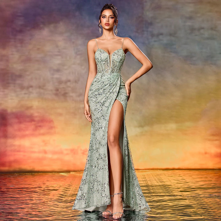 Glamorous Mint Green Sequins Prom Dress