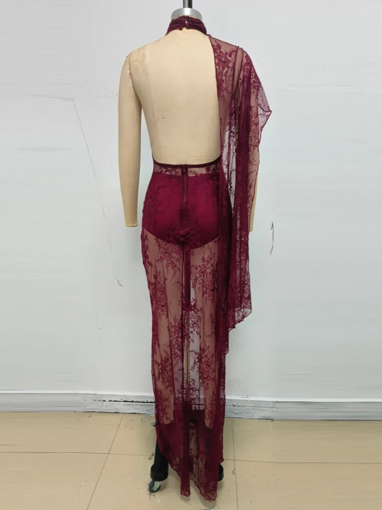 Burgundy sheer lace maxi gown back view with open back overlay panel