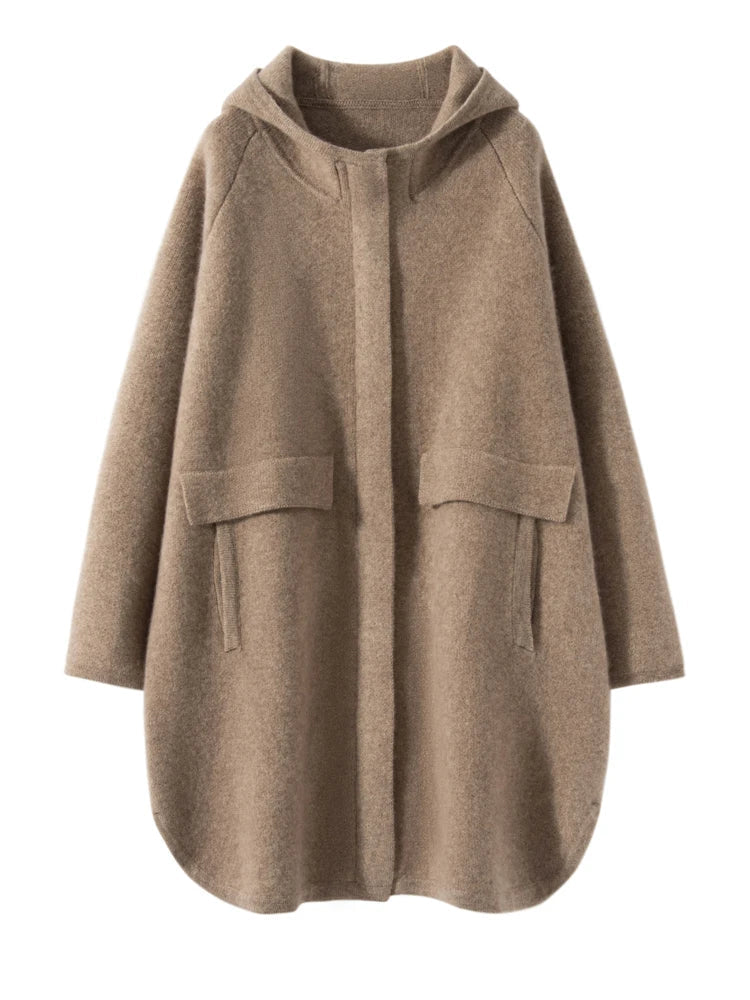 Brown hooded coat with two front pockets on a white background, branded 'Cashmere Studio'.