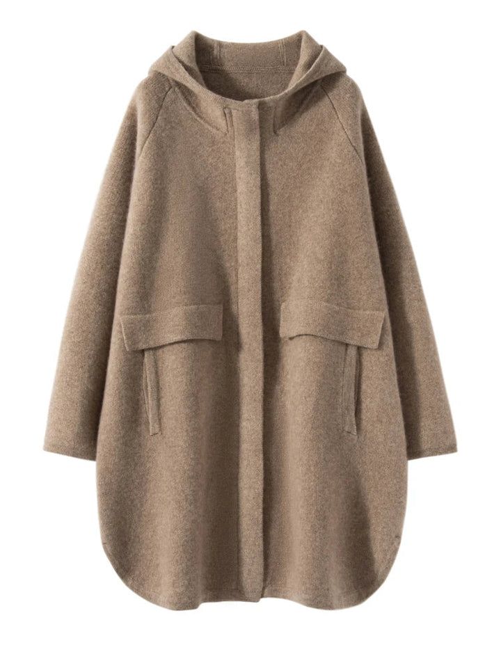 Brown hooded coat with two front pockets on a white background, branded 'Cashmere Studio'.