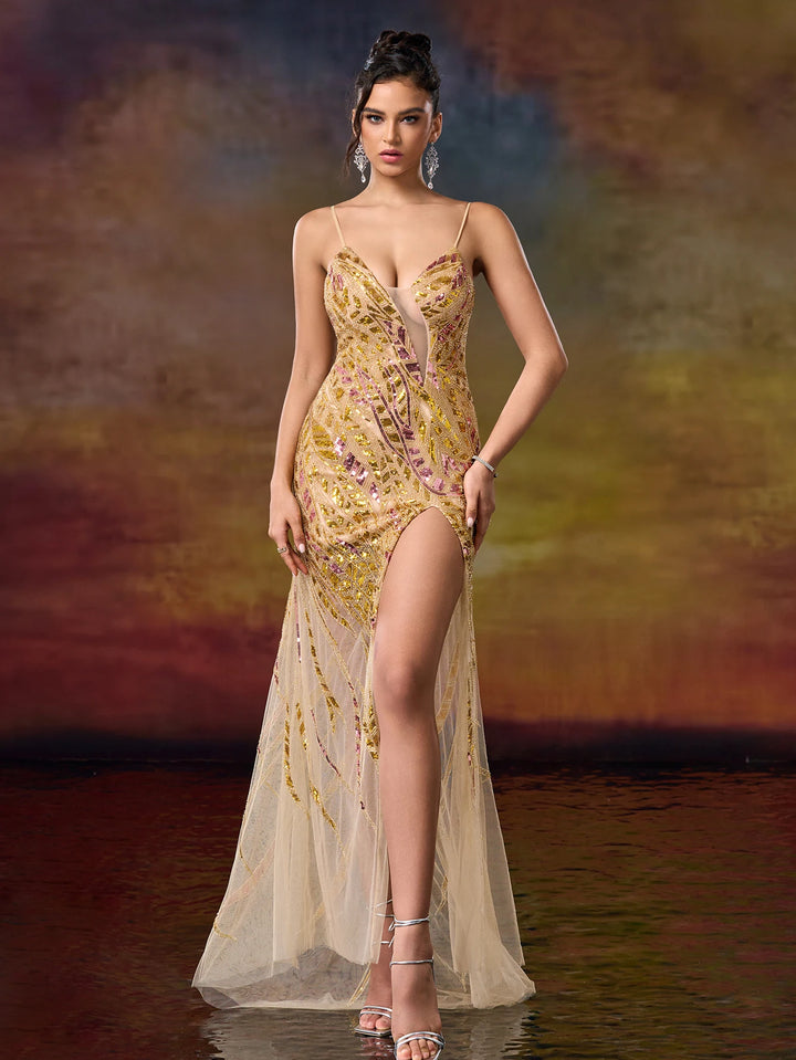 Stunning Beaded High Slit Evening Gown