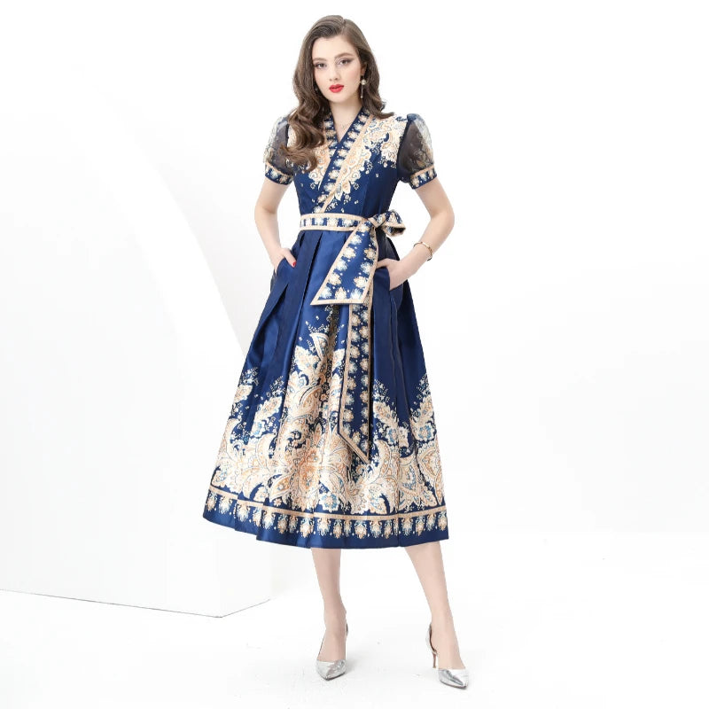 Puff Sleeve Sashes Lace-up Printed Dress