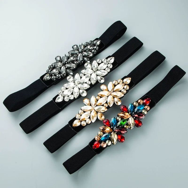 Rhinestone corset waist belt set with black straps and silver, gold, and red jeweled flowers