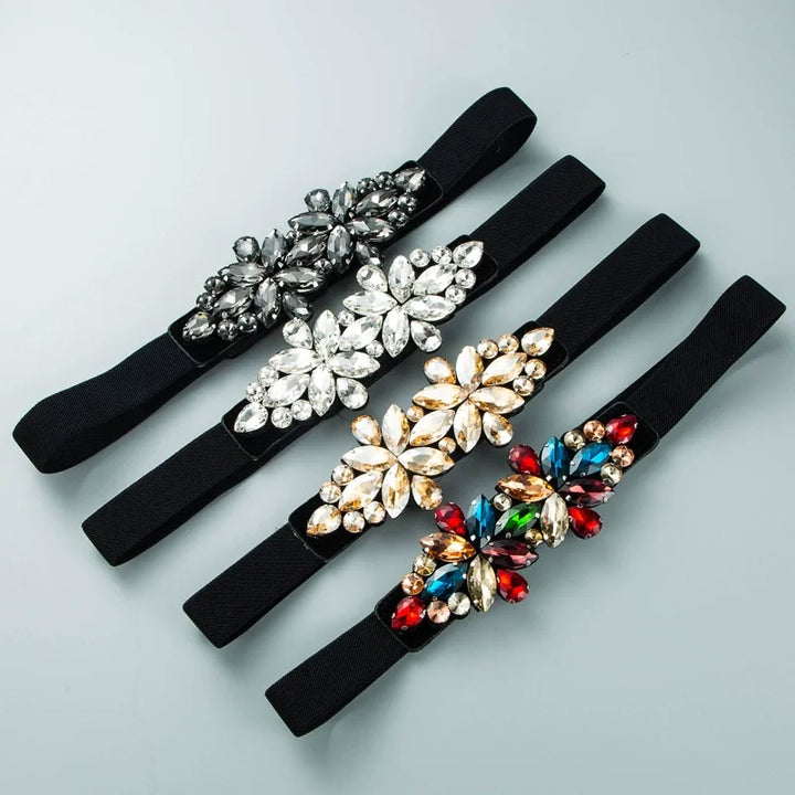 Rhinestone corset waist belt set with black straps and silver, gold, and red jeweled flowers