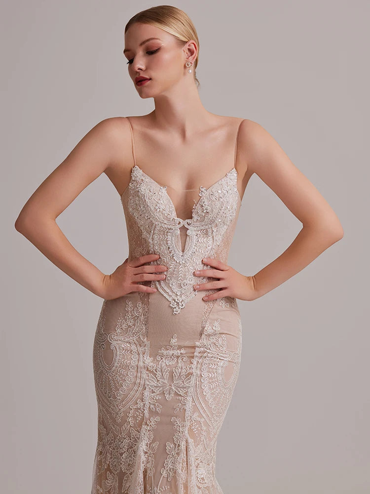 Elegant Suspender Deep V-backless Wedding Dress