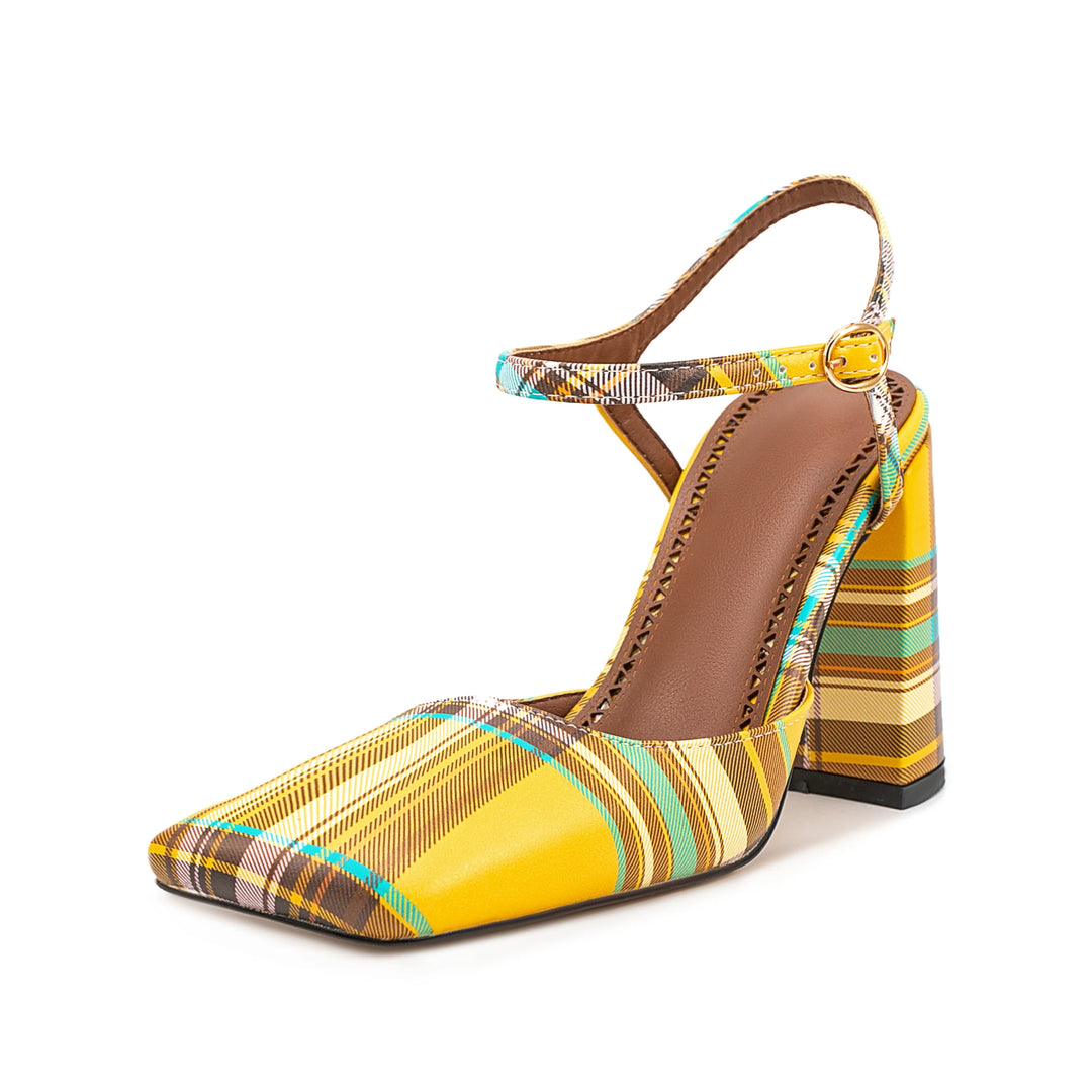 Sweet Square Toe Checker Heel Sandals