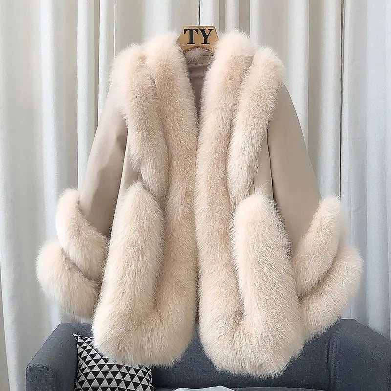 Women’s fur-trimmed leather jacket with cream long-haired sleeves and front panels