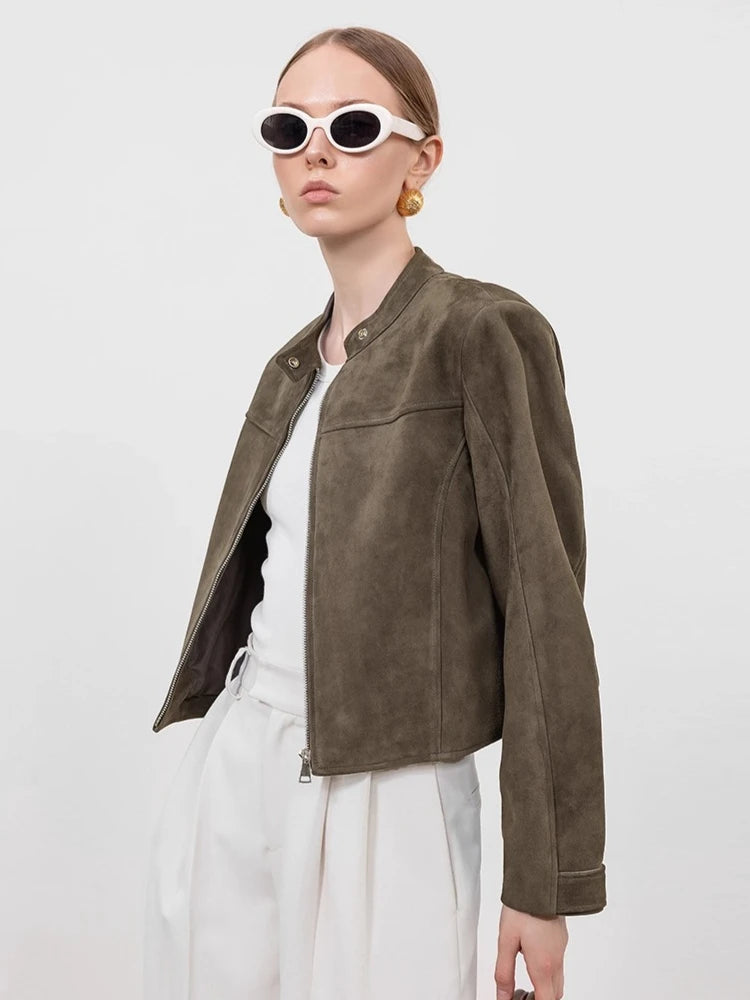 Gray-green suede cropped jacket with snap front, stand collar, flap pockets, side view