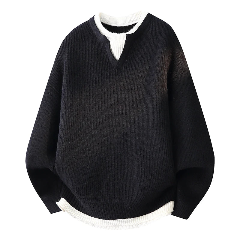 Men’s knit pullover sweater, black V-neck with white trim, ribbed cuffs and hem