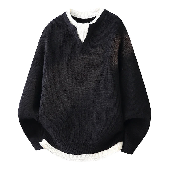 Men’s knit pullover sweater, black V-neck with white trim, ribbed cuffs and hem