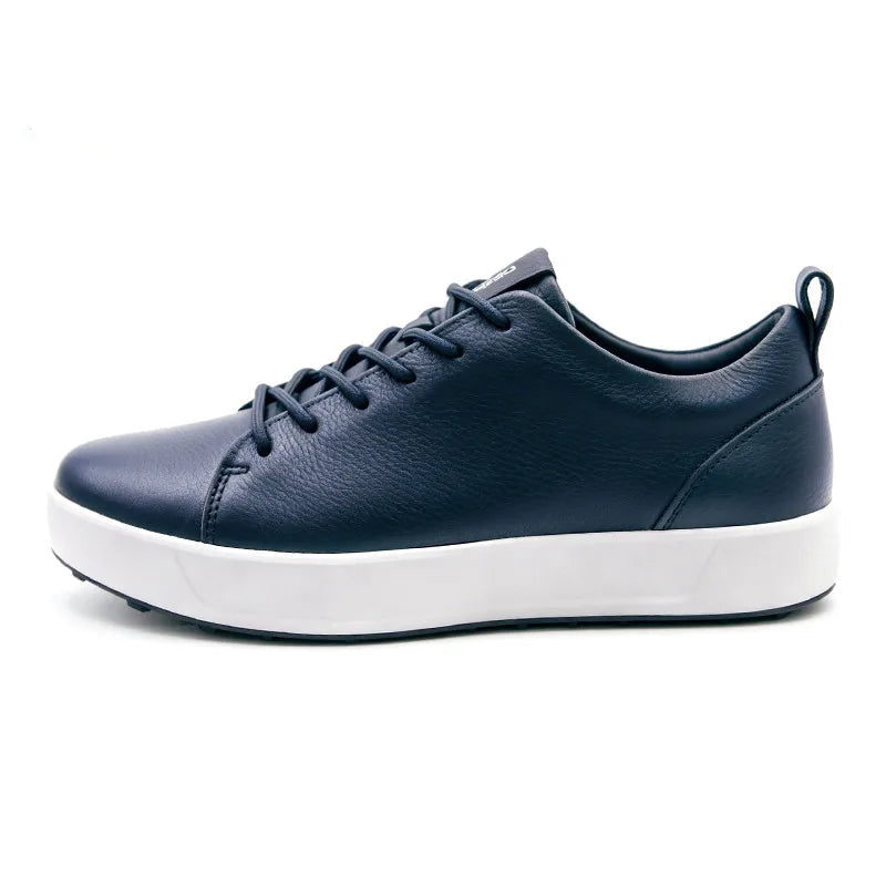 Men's blue cow leather skateboard sneakers, lace-up low profile with dark collar.