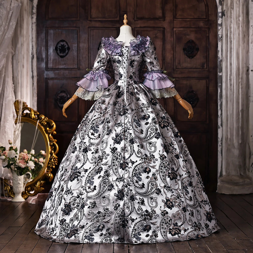Black-and-white damask lace cosplay dress with purple accents and layered shoulder ruffles