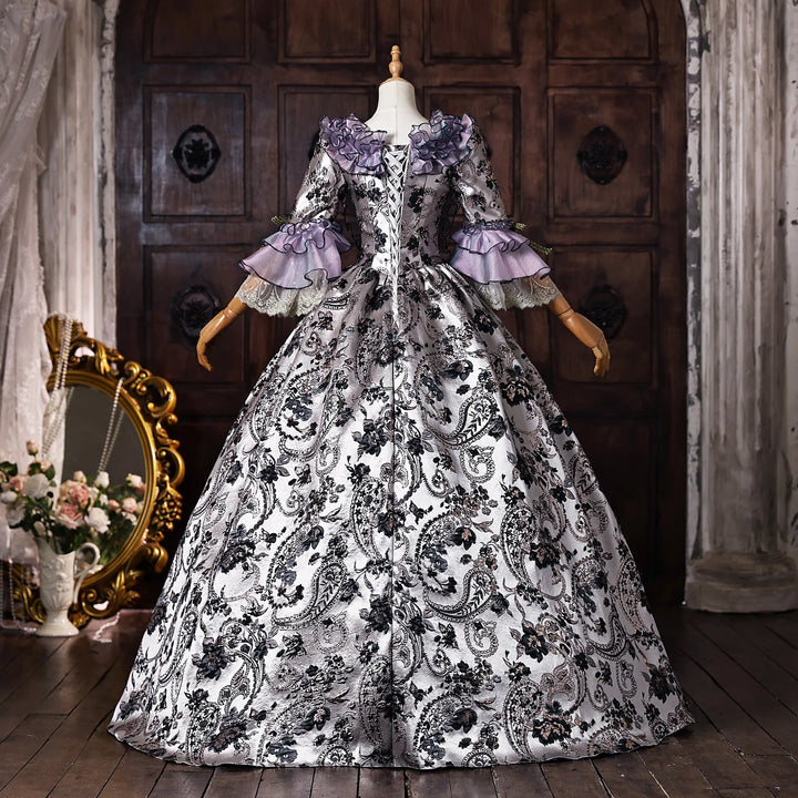 Black-and-white damask lace cosplay dress with purple accents and layered shoulder ruffles
