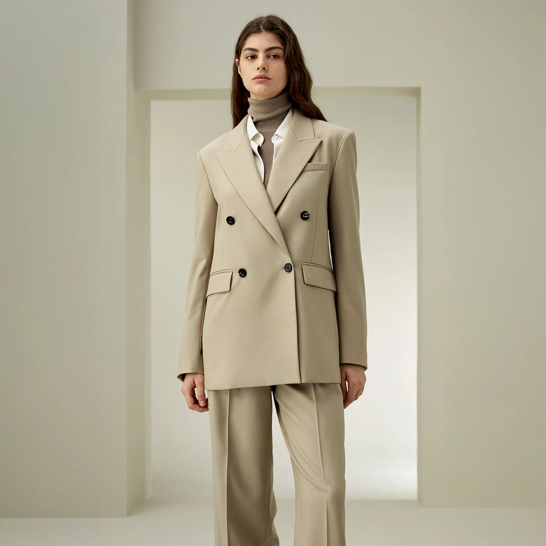 Modern Double-Breasted Wool Silk Suit Coat