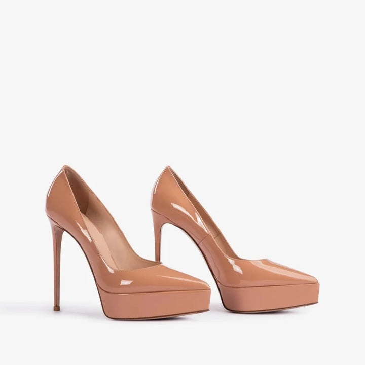 Women’s patent leather platform heel pumps, nude brown, pair view with pointed toe