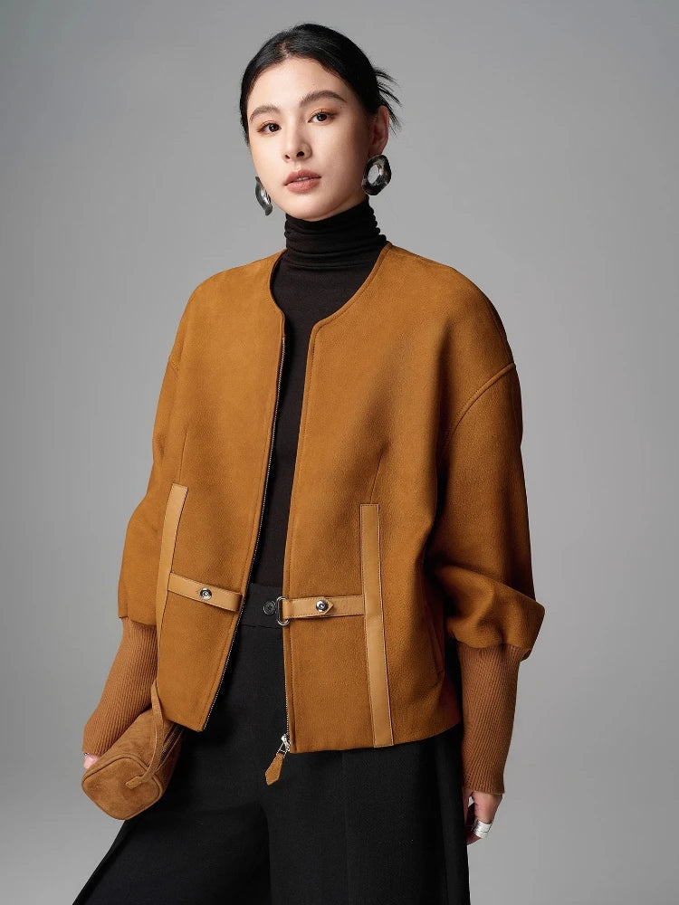 Mustard-brown O-neck shearling leather jacket with zip front and flap pocket accents