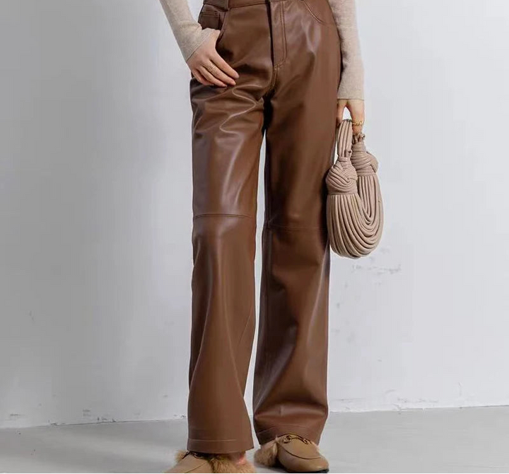 Brown leather straight-leg women&