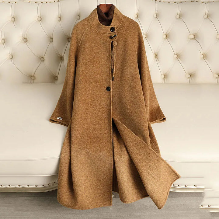 Women’s wool-blend coat, camel brown, stand collar, button front, asymmetrical hem