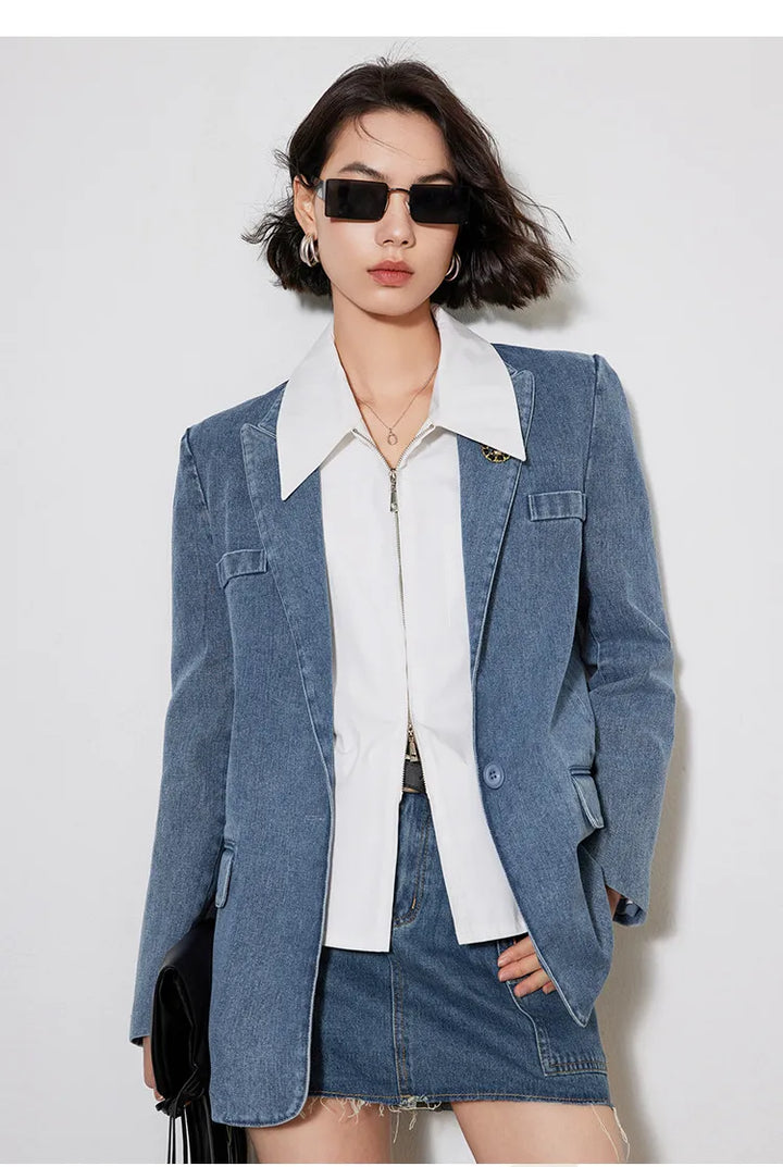 Turn Down Collar Denim Blazer