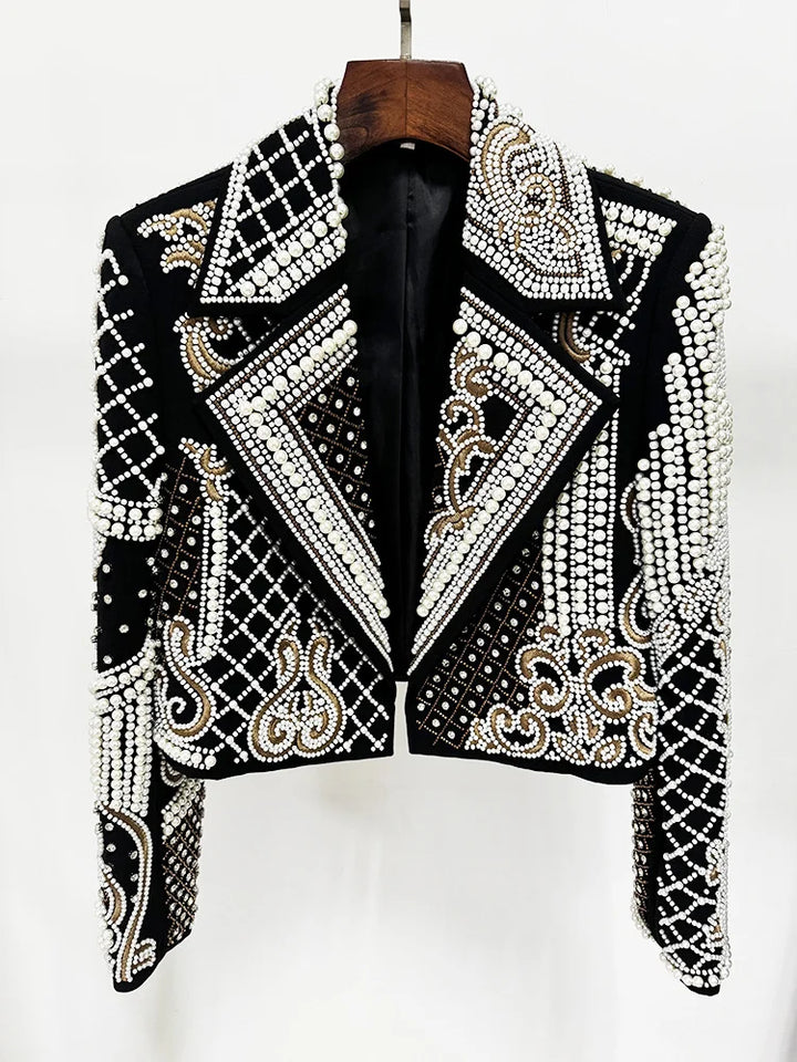 Black cropped velvet jacket with pearl beaded pointed collar and ornate front panels