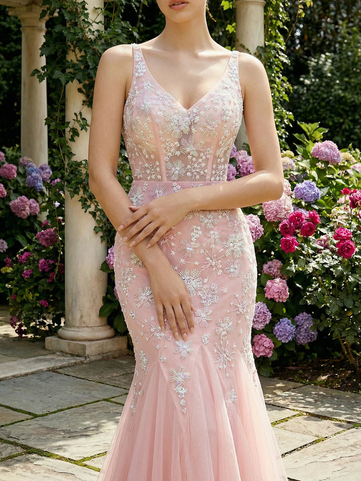 Alluring Tulle Floral Lace Evening Gown