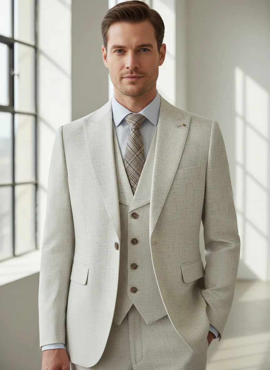 Men's slim fit light beige suit on model with vest and patterned necktie