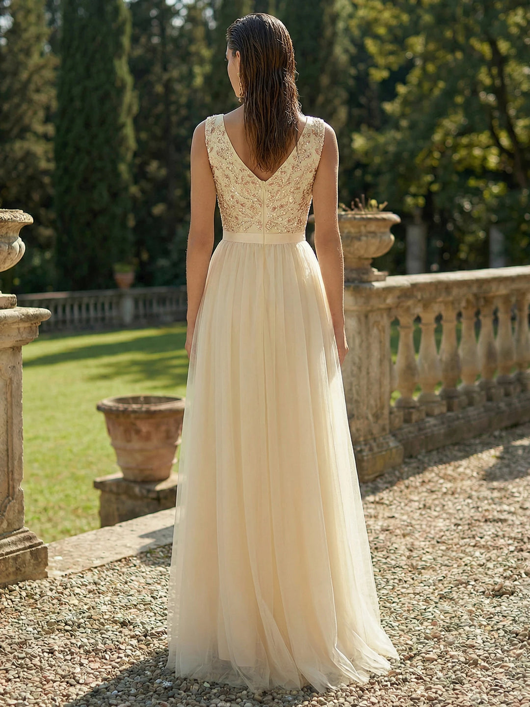Timeless Sequins Tulle Arabic Evening Gown