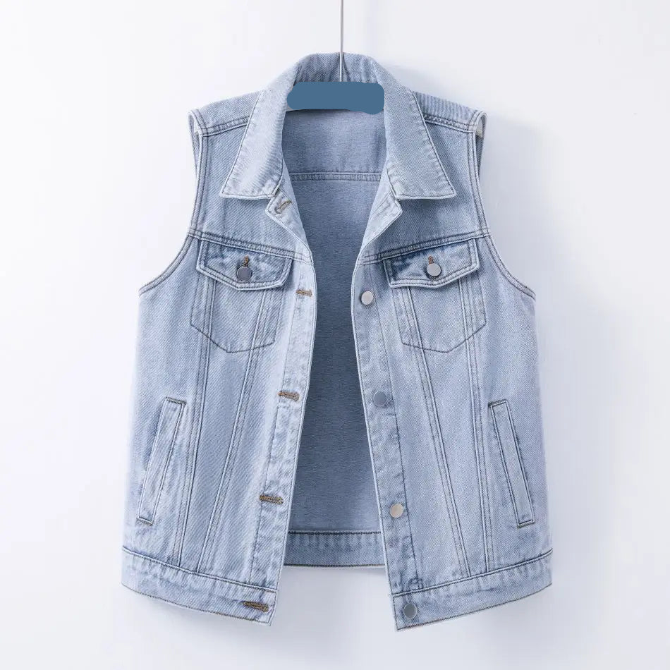 Light blue denim vest on a white background