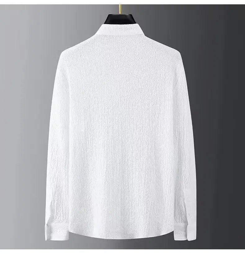 White men’s button-up shirt from back view, long sleeves