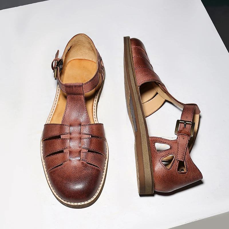 Round-toe Oil Slick Leather Sandals