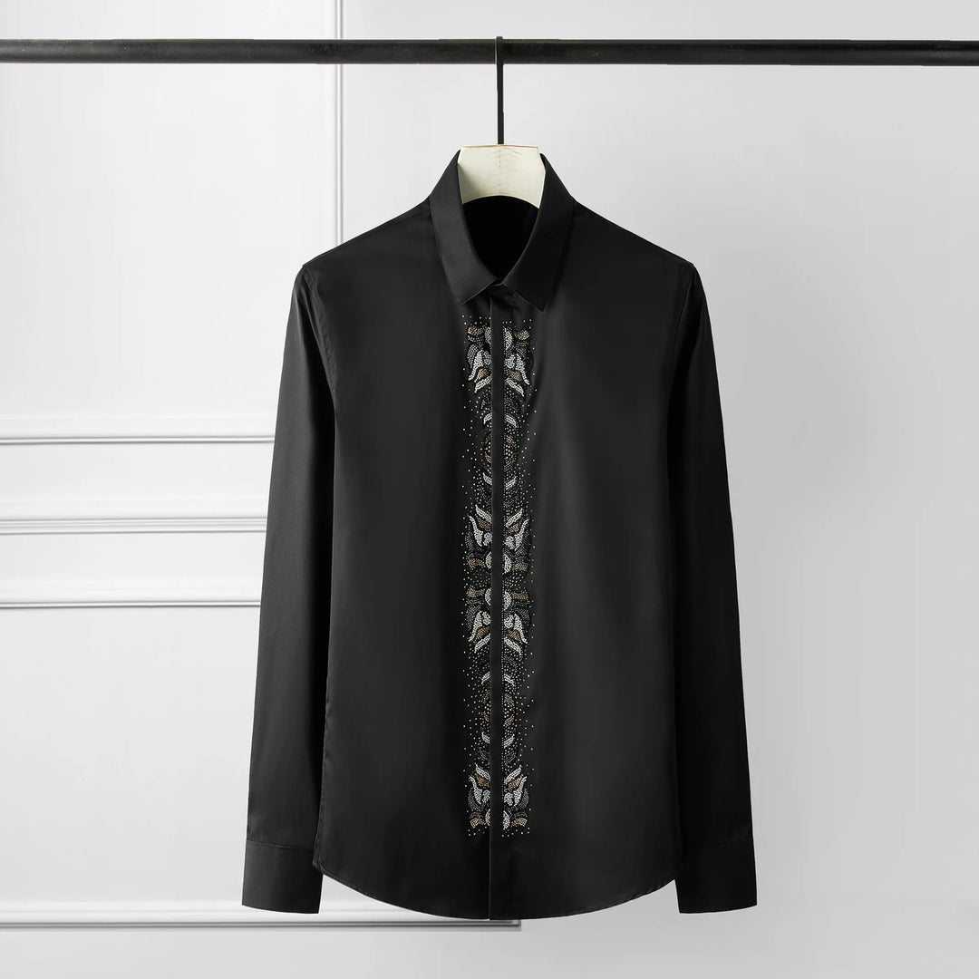 Black slim-fit dress shirt with rhinestone front placket embroidery