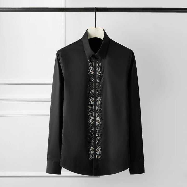 Black slim-fit dress shirt with rhinestone front placket embroidery