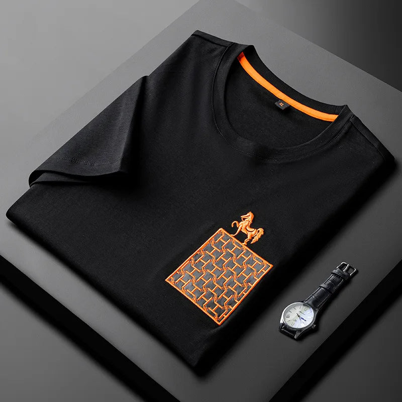 Black men’s round-neck tee with orange-trim collar and small embroidered logo front