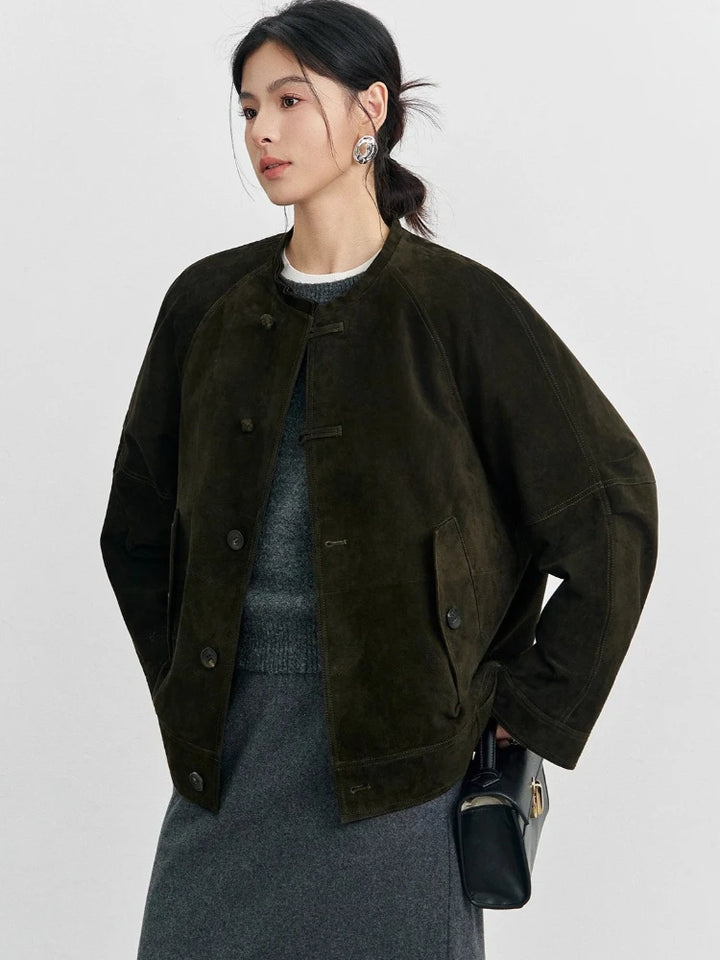 Olive suede cropped jacket for women with button front, side pockets, and wide sleeves