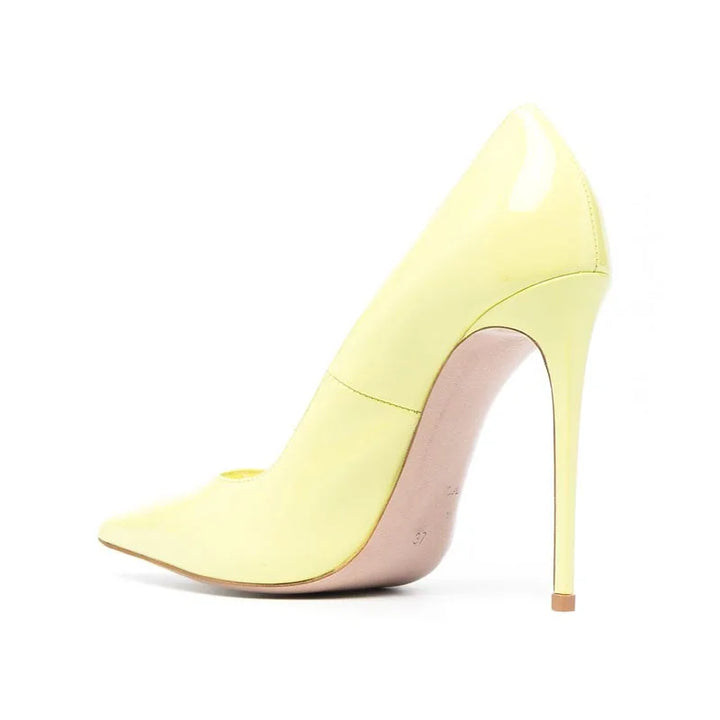 Patent leather high heel pump, pale yellow, pointed toe, stiletto heel