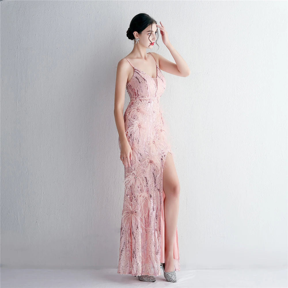 Fluffy Feather Evening Party Dress