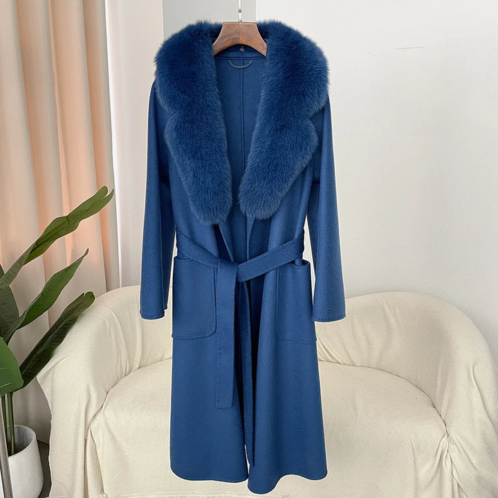 Elegant Natural Wool Fur Long Coat