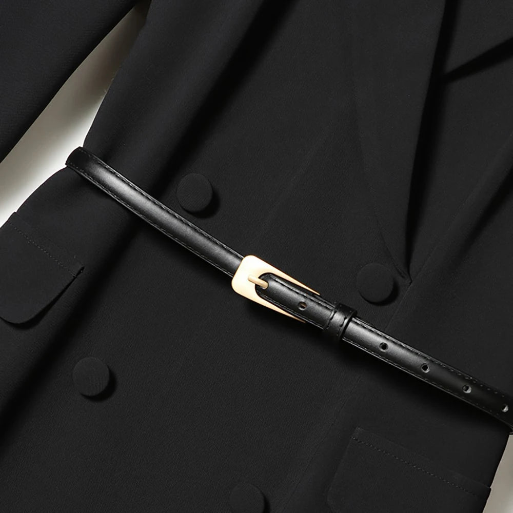 Black midi dress belt with gold-tone buckle and perforated strap detail