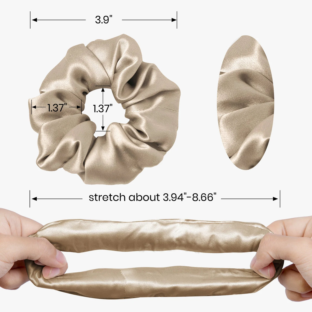 Champagne-gold satin ponytail hair band scrunchie with gathered elastic
