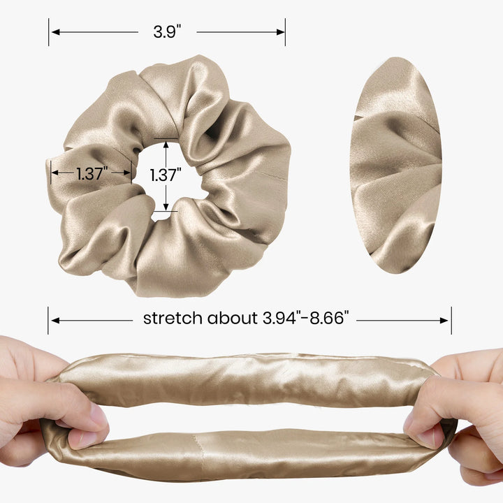 Champagne-gold satin ponytail hair band scrunchie with gathered elastic