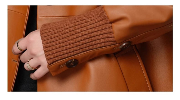 Women’s sheepskin woven coat cuff with rib-knit trim and buttoned sleeve tab