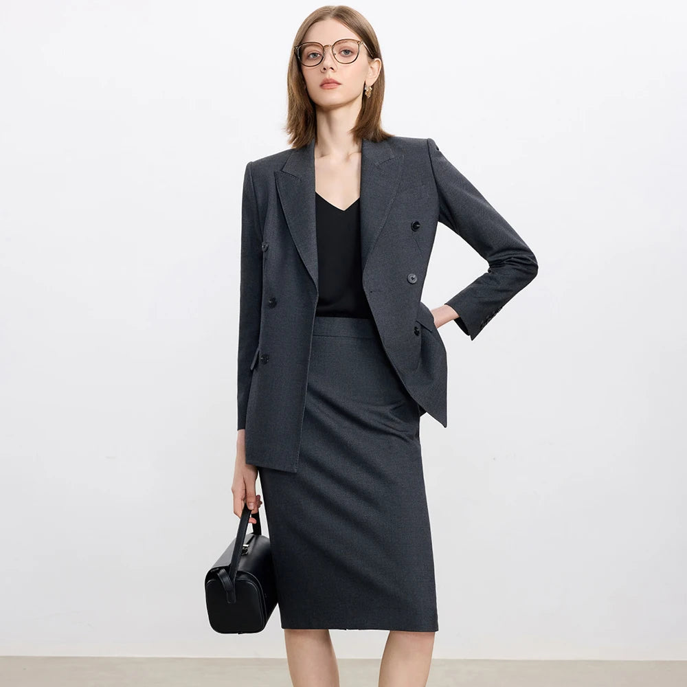 Dark gray blazer and pencil skirt suit set with fitted bodice and long sleeves