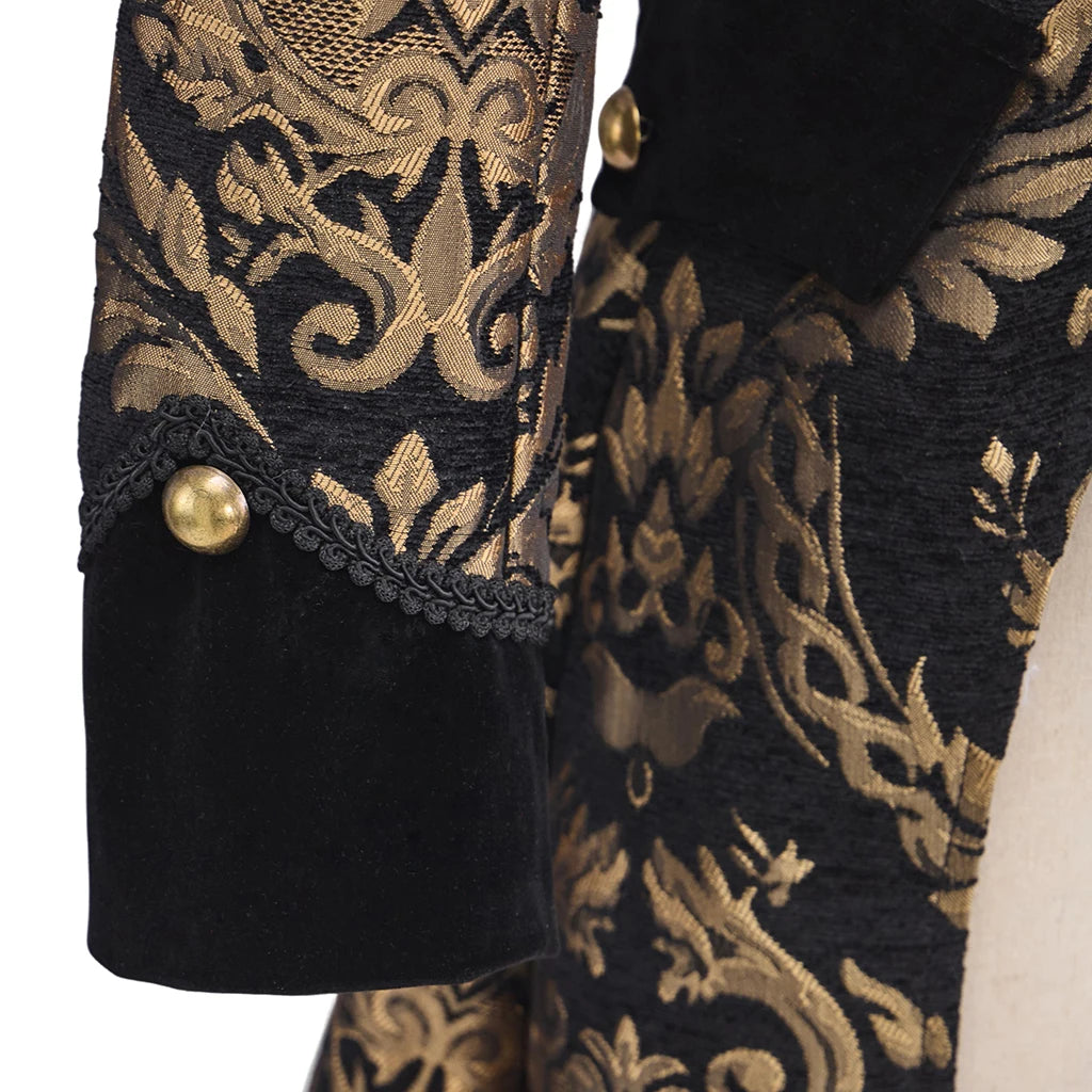 Tailcoat sleeve and skirt panels, black with gold baroque scroll embroidery and round buttons