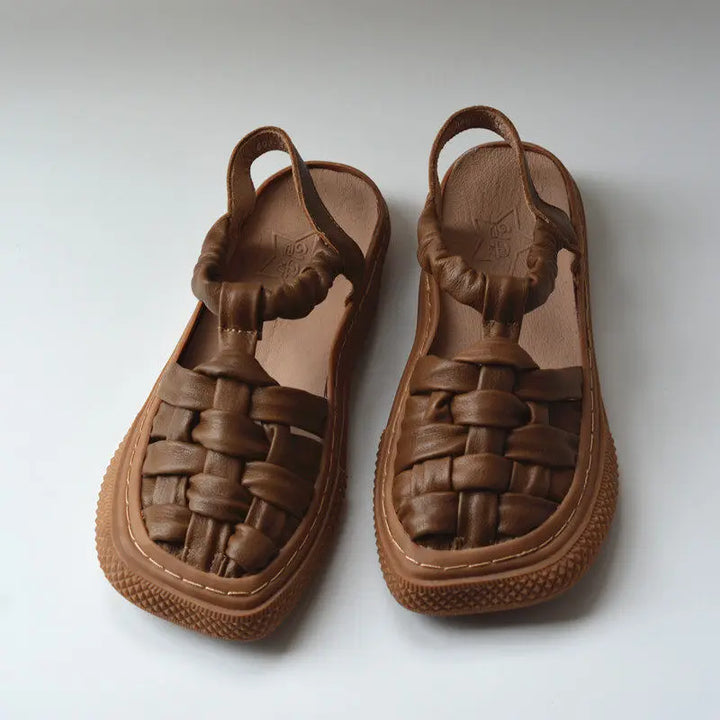 Coffee brown woven leather women’s casual slip-on shoes, front top view pair