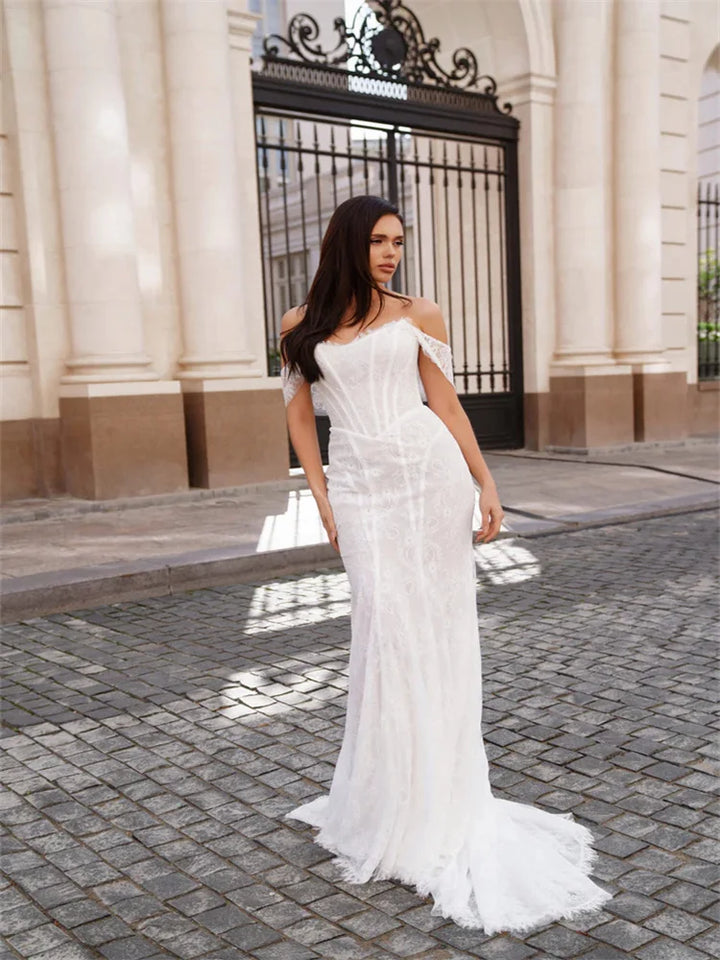 Modern Off Shoulder Neckline Bridal Gown