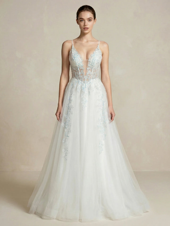 White lace embroidered bridal dress with V-neck and sleeveless fitted bodice