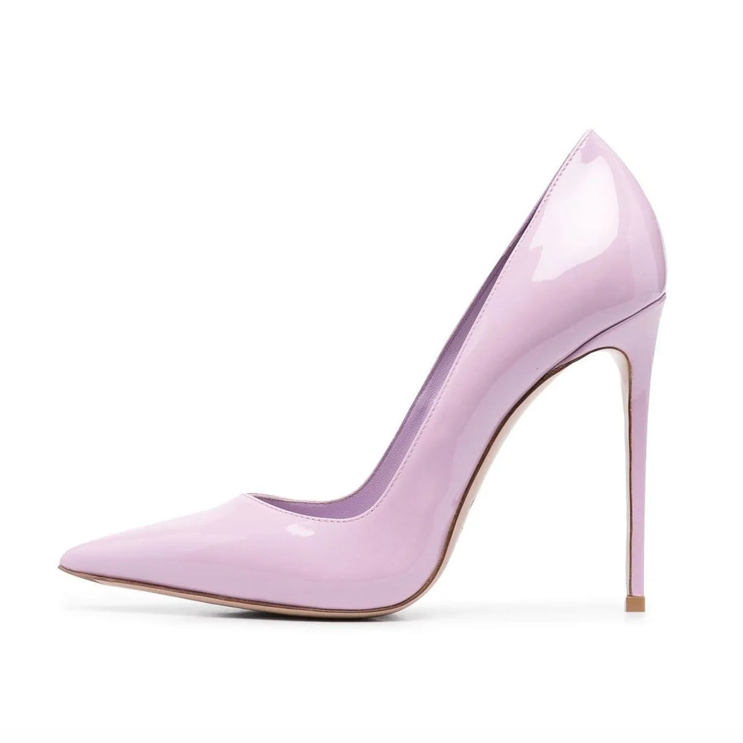 Women’s high-heel patent leather pumps, glossy light purple, pointed toe, stiletto heel